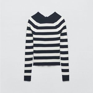 Zara Black and White Striped Crew Neck Sweater